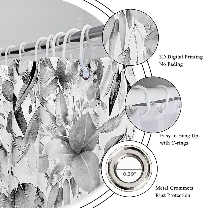 Riyidecor Grey Eucalyptus Leaves Shower Curtain for Bathroom Decor 72Wx72H Retro Plants Watercolor Floral Rustic Botanical Nature Gray Art Printed Fabric Polyester Waterproof 12 Pack Plastic