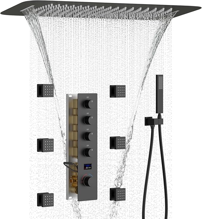 Matte Black Shower System with 6 PCS Body Jet, 16X24 inch Ceiling Mount Showerhead and Handheld Spray, Digital Temperature Display 4 Function Shower Faucet Set