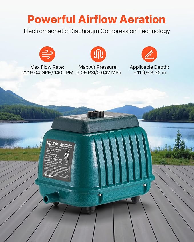 VEVOR Commercial Linear Air Pump 2219 GPH | High Output Aerator - Image 2
