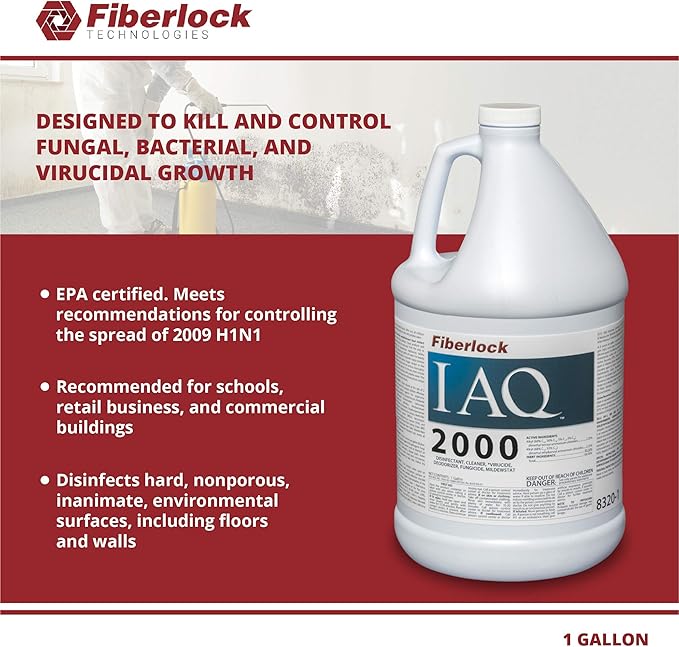 Fiberlock IAQ 2000 Disinfectant & Fungicide Cleaner Concentrate, EPA-Registered Disinfectant Cleaner, Deodorizing Cleaning Supplies - 8320-1 Gallon