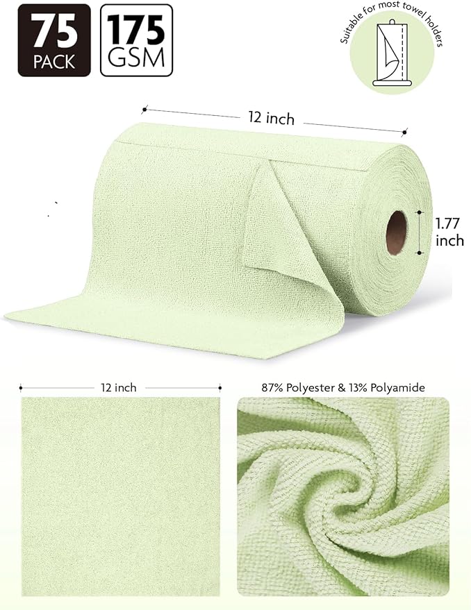 Fantasticlean Microfiber Cleaning Cloth Roll -75 Pack, Tear Away Microfiber Towels, 12" x 12", Reusable, Washable, Scratch Free, Ultra Absorbent Dish Rags for Car, Home, Garage or Shop (Green)