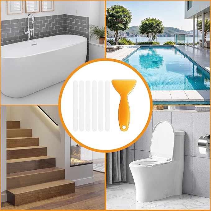 20 PCS Bathtub Shower Non Slip Stickers, Clear Long-Strip Adhesive Anti Slip Shower Strips with Scraper, Bathtub Peel-and-Stick Safety Decals for Bath Tubs Floors Pools Stairs Ladders