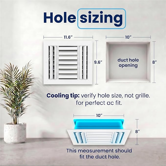 10x8 Aluminum 4-Way Air Vent Cover Wall Ceiling Register – Quiet HVAC Wall - Image 3
