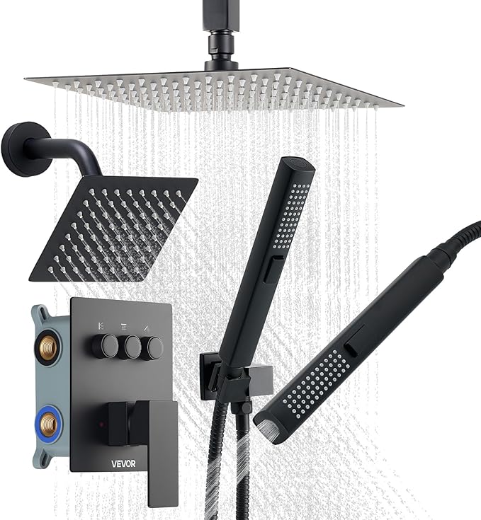VEVOR Shower Faucet Set, 10 Inch Ceiling Mount Rainfall Shower System with 6 Inch Wall Mount Head and 2 in 1 Handheld Spray, Rotatable 3-Function Dual Rain Head Brass Valve and Trim Kit, Matte Black