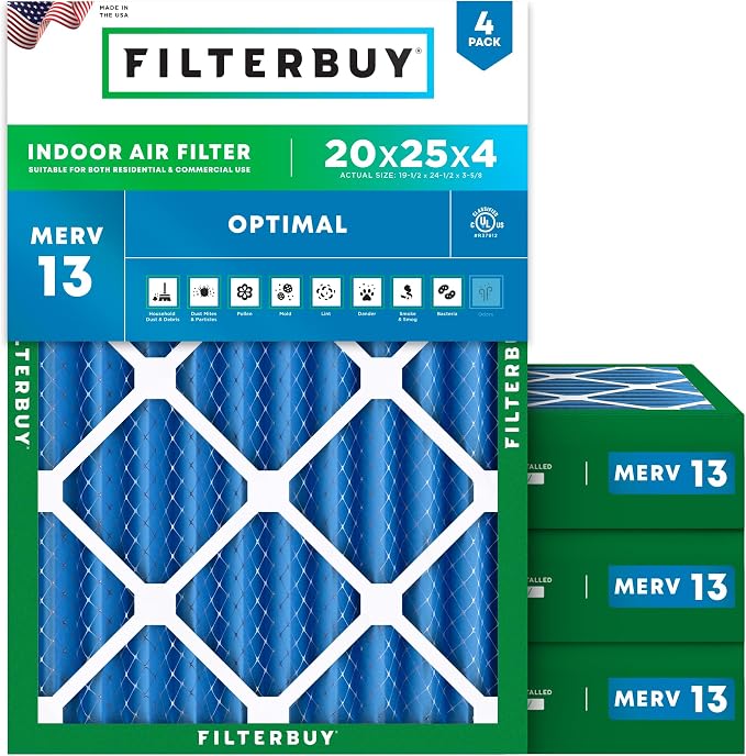 Filterbuy 20x25x4 Air Filter MERV 13 Optimal Smoke & Allergy Defense, by Filterbuy