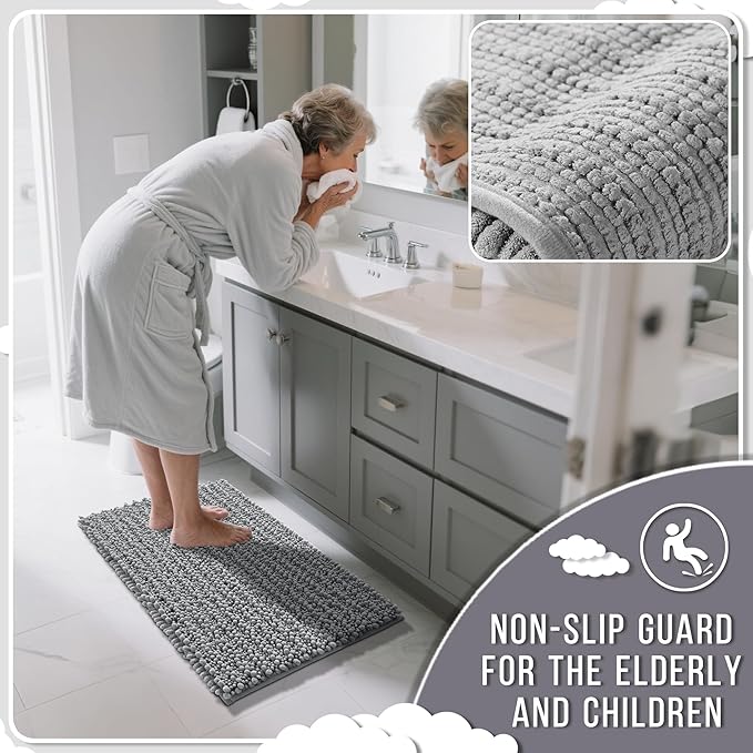 Yimobra Bathroom Rugs Sets 2 Piece - Quick Dry Extra Thick Luxury Chenille Bath Mat, Non Slip Super Absorbent for Tub Shower Sink, Machine Washable Shaggy Floor Mat, 32"x20"+24"x17" Inch, Grey