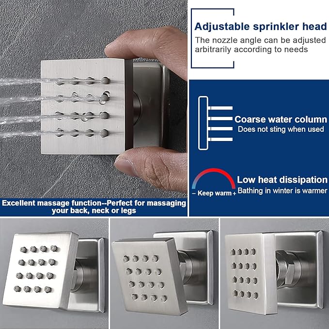 Multi Full Body Thermostatic Luxury Spa Shower System And 14x20 Inch LED 4 Functions Faucet Set, Rainfall Spray Waterfall Can Be Turned On Simultaneously,Brushed Nickel