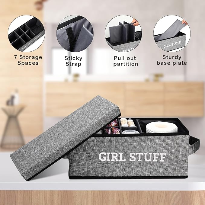 Tampon Holder for Bathroom, Bathroom Storage Containers with Lid, Adjustable Divider Feminine Product Organizer, Tampon Organizer, Bathroom Accessories Decor Boxes (Grey Printed GIRL STUFF, 1-Pack)