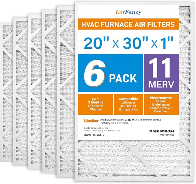 LotFancy 20x30x1 Air Filter MERV 11 6-Pack, Electrostatic Pleated AC Furnace by LotFancy