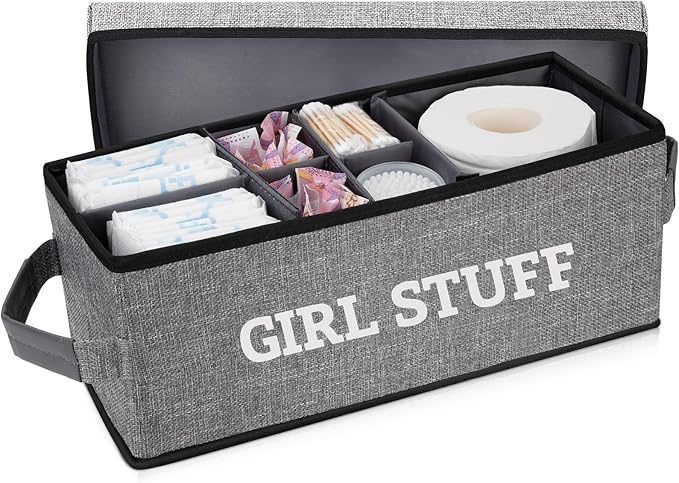 Tampon Holder for Bathroom, Bathroom Storage Containers with Lid, Adjustable Divider Feminine Product Organizer, Tampon Organizer, Bathroom Accessories Decor Boxes (Grey Printed GIRL STUFF, 1-Pack)