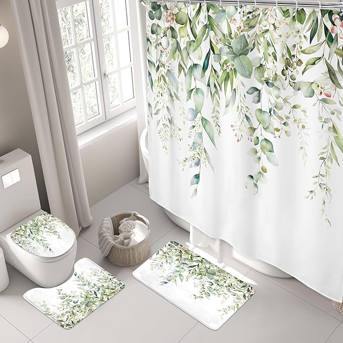 Riyidecor Green Eucalyptus 4Pcs Bathroom Shower Curtain Sets Plants Botanical Leaves Bathroom Decor Set with Rugs and Accessories Green Leaves Toilet Lid Rug, Contour and Bath Mat with 12