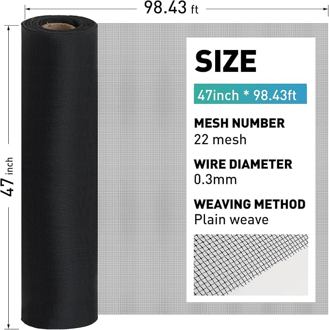 304 Stainless Steel Mesh Window Screen Roll, 47IN x 98.43FT Black Metal Window - Image 3