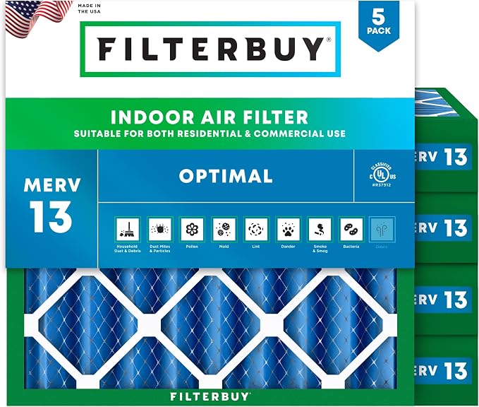 Filterbuy 25x25x4 Air Filter MERV 13 Optimal Smoke & Allergy Defense, by Filterbuy