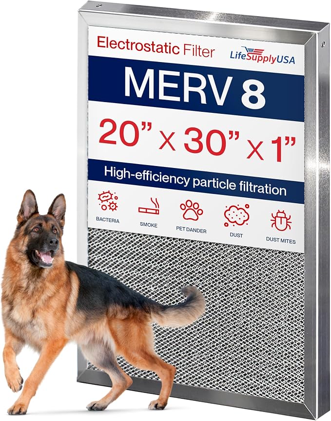 20x30x1 Electrostatic Air Filter, MERV 8, Reusable Furnace AC/HVAC Filter by LifeSupplyUSA