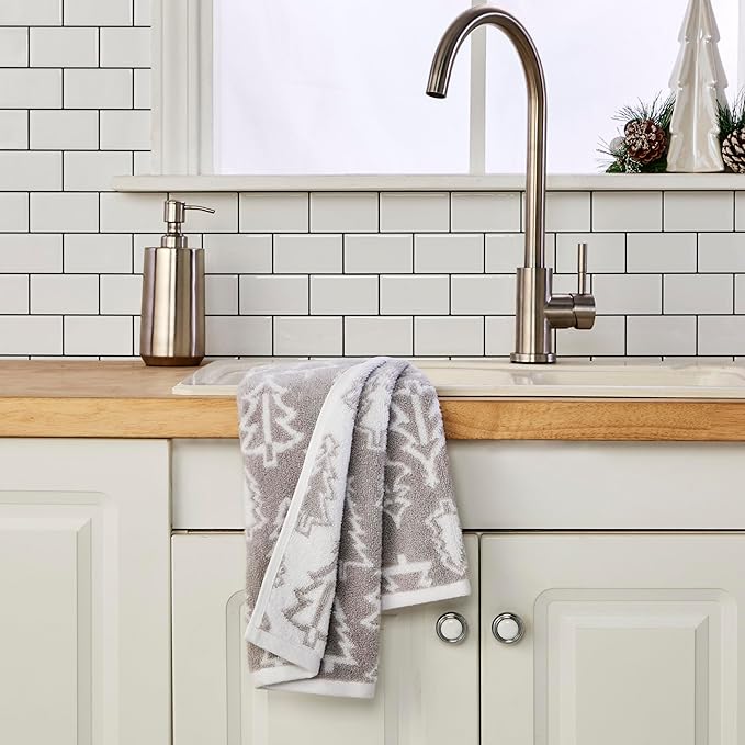 SKL Home Christmas/Winter Mod Tree 100% Cotton Premium 2-Piece Hand Towel Set, 450 GSM, Reversible Jacquard, Soft & Absorbent, Decorative for Bath/Kitchen/Bar, Gray