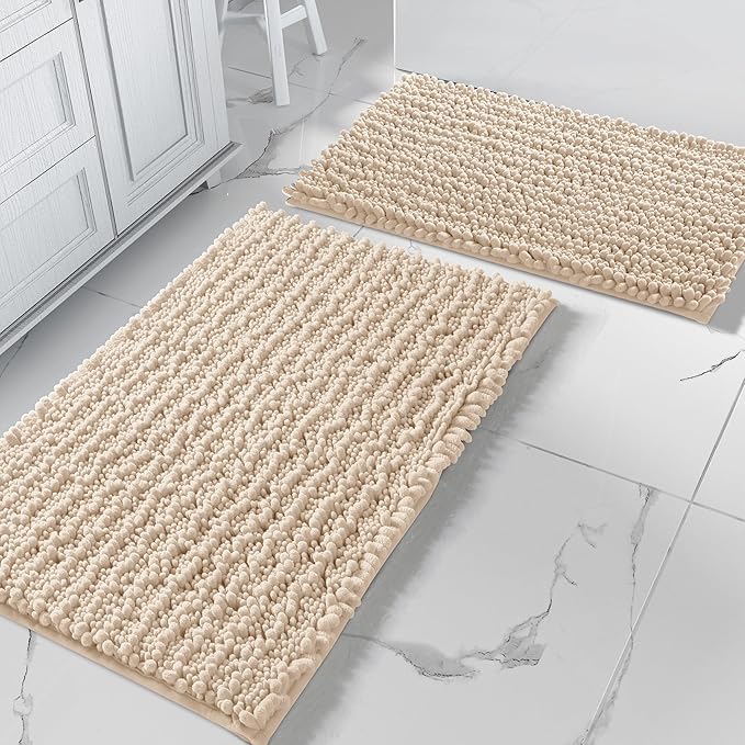 Yimobra Bathroom Rugs Sets 2 Piece - Quick Dry Extra Thick Luxury Chenille Bath Mat, Non Slip Super Absorbent for Tub Shower Sink, Machine Washable Shaggy Floor Mat, 32"x20"+24"x20" Inch, Light Brown