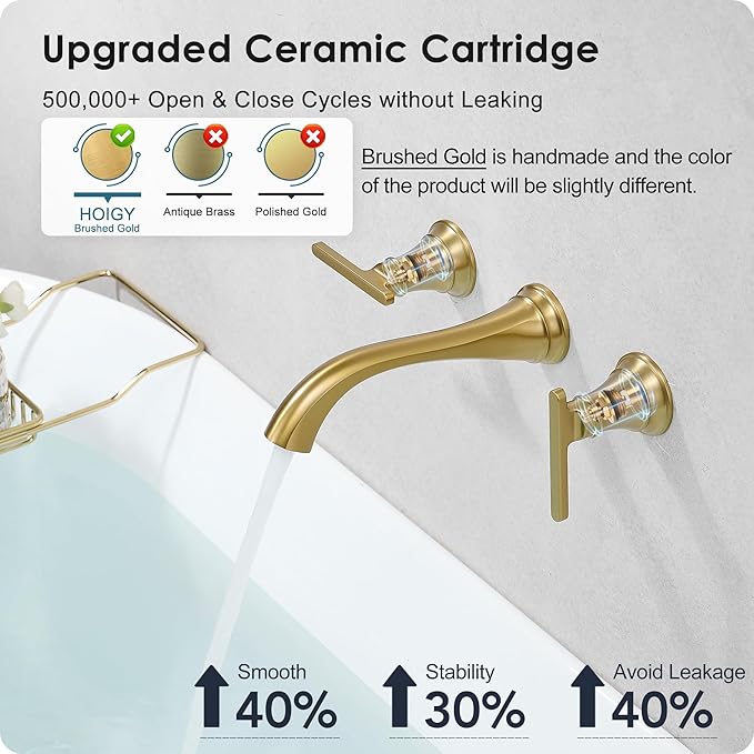 Wall Mount Tub Faucet, High Flow Solid Brass Brushed Gold Bathtub Faucet, 2 Handles Tub Filler with 8" Spout Reach, Rough-in Valve Included