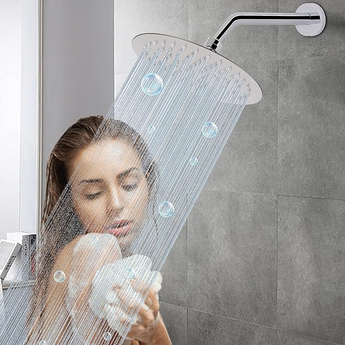 HarJue Shower Arm with Flange and Teflon Tape, Wall Mounted Shower Pipe 304 Stainless Steel Extension Arm for Fixed Shower Head & Handheld (10 Inch, Chrome)