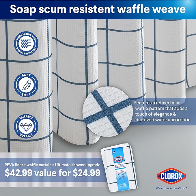 CLOROX Bathroom Waffle Windowpane Pattern Shower Curtain with Waterproof Lightweight PEVA Liner Set, Standard Size, Metal Grommets, No Hooks 72" x 72" - 2 Pc Set - Navy Blue w Frosty PEVA