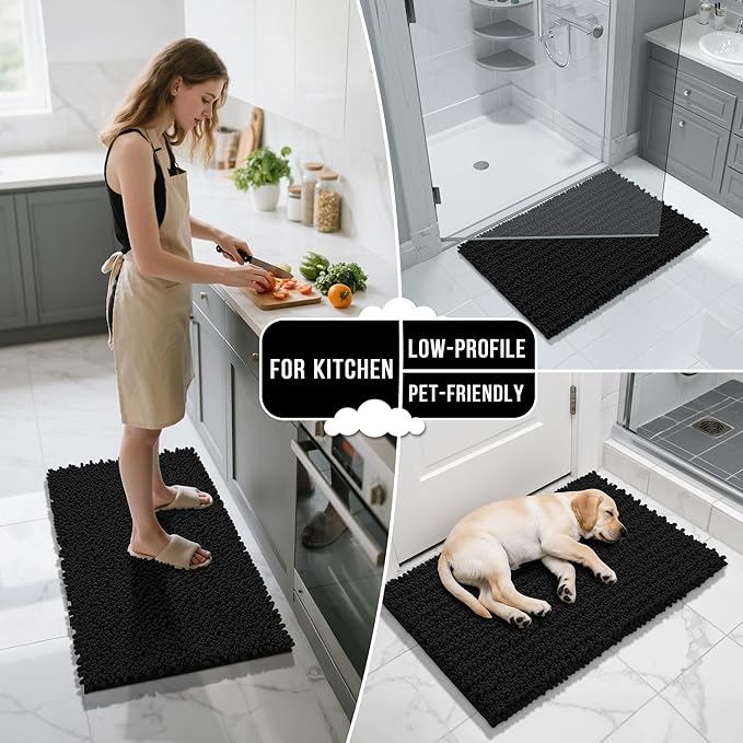 Yimobra Bathroom Rugs Sets 2 Piece - Quick Dry Extra Thick Luxury Chenille Bath Mat, Non Slip Super Absorbent for Tub Shower Sink, Machine Washable Shaggy Floor Mat, 24"x17+24"x20" Inch, Black