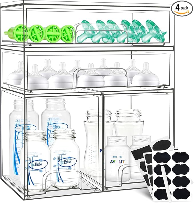 Baby Bottle Organizer, 4 Pack Stackable Storage Drawers with Labels, Clear Station Organizers Container for Pacifiers, Pump Parts, Desk Organizer Bins for Bathroom, Cabinet, Pantry, Vanity, Countertop