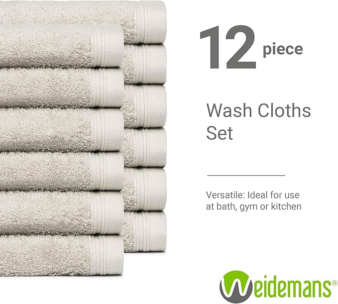 100% Cotton Washcloths Set 13” x 13” | Silver Towels | Set of 12 Ultra Soft and Highly Absorbent Washcloths Sets for Bathroom, Gym, Hotel, Spa | Machine Washable Face Towel