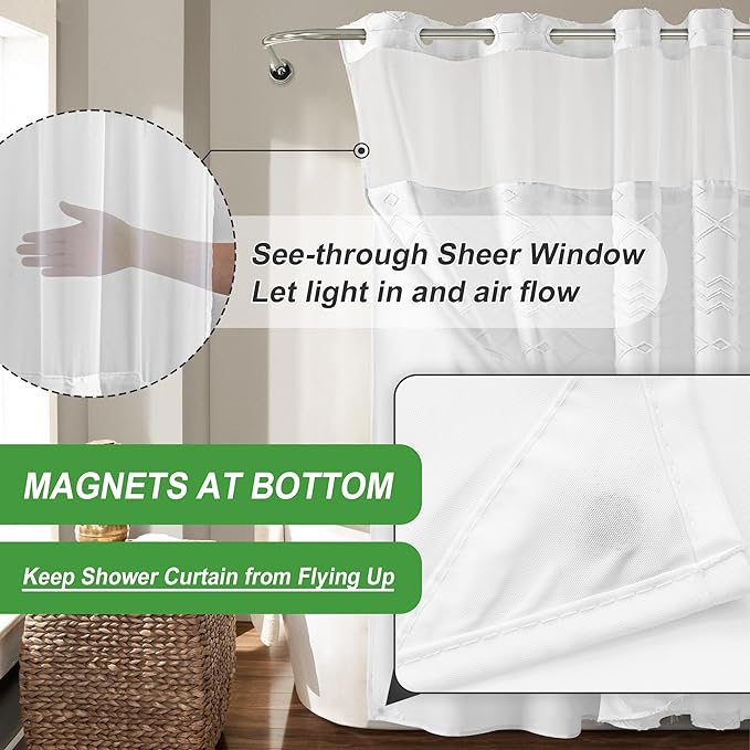 Extra Long No Hooks Shower Curtains, 98 Inches Long Boho Tufted Chevron Striped Fabric Shower Curtain for Bathroom with Snap in Liner, White Water Resistant Cloth Shower Curtain Set