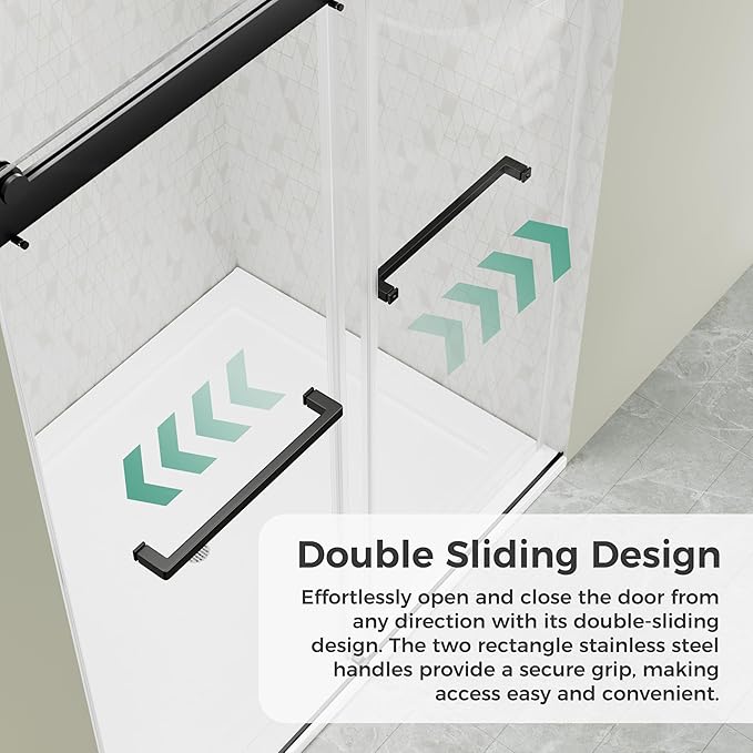 DELAVIN 44"-48"W x 75"H Frameless Shower Door, Double Sliding Shower Door, 5/16"(8mm) Clear Tempered Glass, Noiseless Shatterproof Shower Doors with Square Rail, Stainless Steel, Aluminum, Matte Black