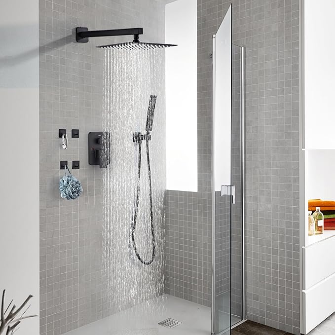 Shower Faucet Set, Matte Black Rainfall Shower System Complete Wall Mounted for Bathroom with 12 Inch Square Shower Head and Handheld Shower Head Rain Mixer Combo Set