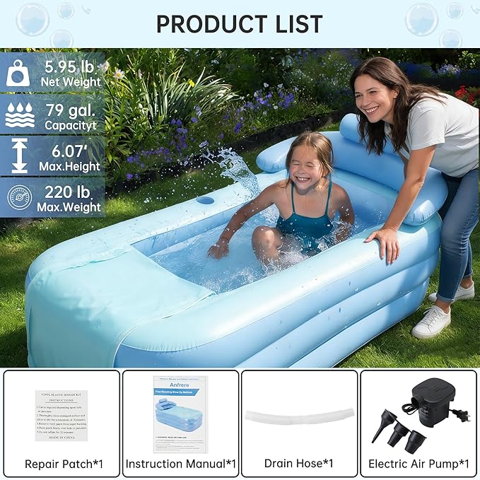 Portable Inflatable Bathtub with Electric Air Pump, Foldable Portable Freestanding Tub, Built-in Water Pillow & Back Support, Cup Holder, Insulated PVC, Includes Repair Patches for Indoor/Outdoor Use