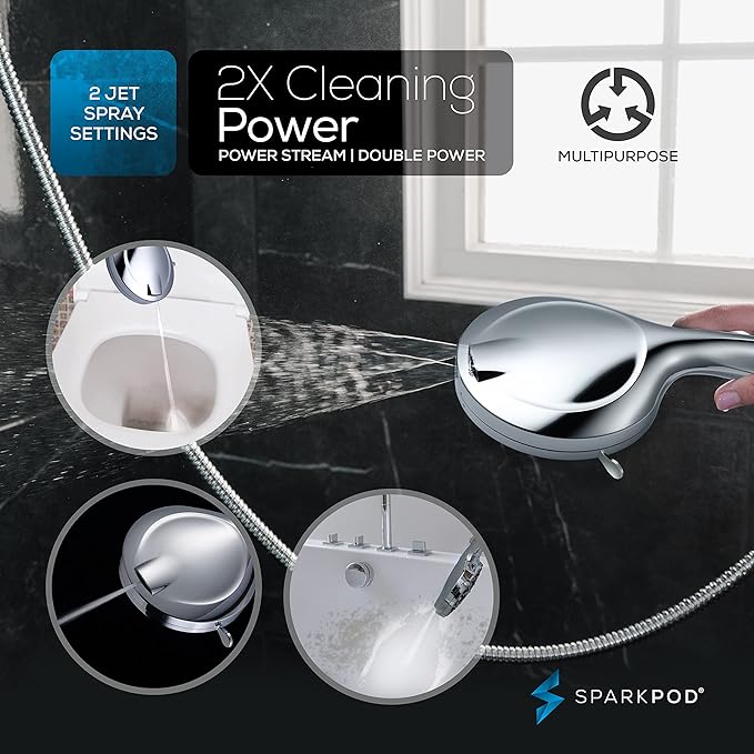 SparkPod 10-Mode Handheld Shower Head with Hose - 5" High Pressure Shower Head with Handheld Touch-to-Clean Nozzles, Built-In Power Jet, Stainless Steel 6ft Hose & Bracket (Polished Chrome)