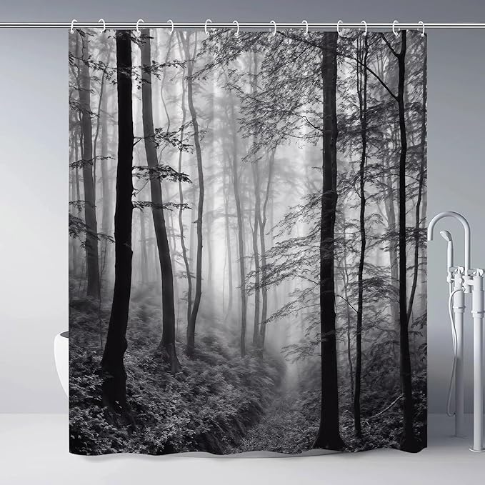Misty Forest Shower Curtain Black White Foggy Nature Landscape Grey Fantasy Fog Tree Rustic Farmhouse Outdoor Bath Curtain with Hook 85Wx70H Inch
