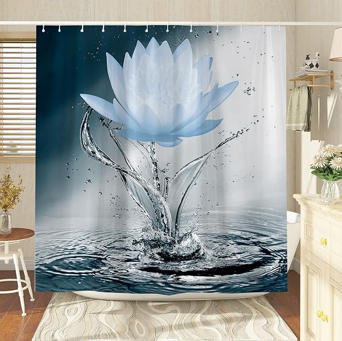 Lotus Shower Curtain Black White Blue Flower Elegant Blooming Floral with Dew Spring Flower Reflection on Water Modern Romantic Polyester Fabric Bathroom Decor 36×70 Inch with Hook