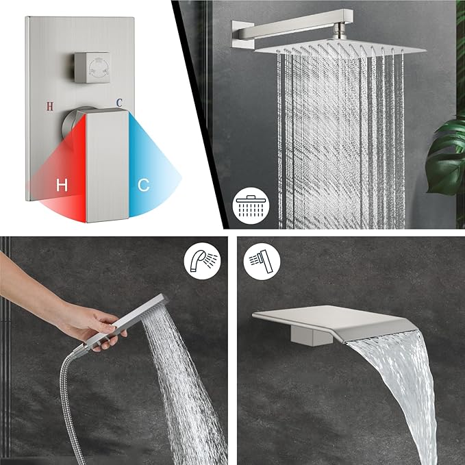 Midanya Rain Shower System with Tub Spout,Tub Shower Faucet Set with rainfall Shower Head and Handheld Spray,Wall Mount Tub Shower Combo Rough-in Valve Included,10 Inch Brushed Nickel