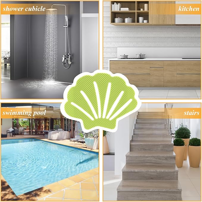 12 Pcs Non Slip Bathtub Stickers Green Adhesive Decals Sea Shell Shape Shower Stickers for Floor, Ladders, Bath Tub, Stairs, Bathroom