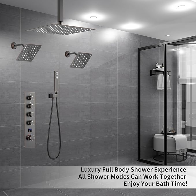 Oil Rubbed Bronze Digital Display Shower System with 12 inch Ceiling Mounted Shower Head and Wall Mounted Two Shower Head(8 inch), with Handheld Shower