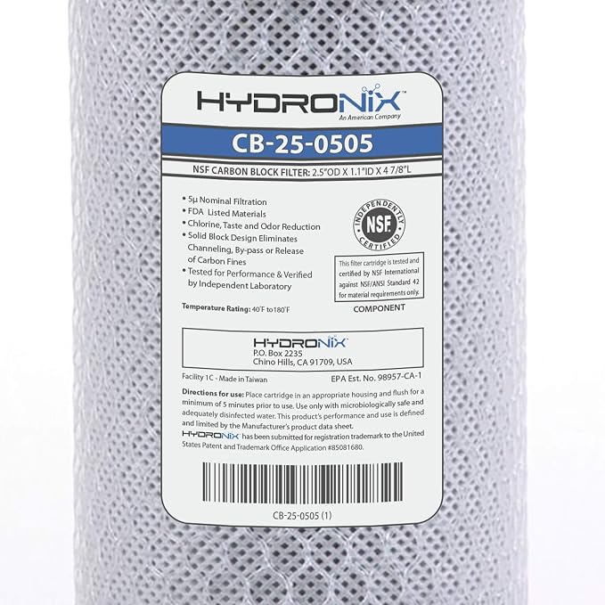 Hydronix CB-25-0505 NSF Coconut Activated Carbon Block Water Filter, 2.5" x 5" - Image 4