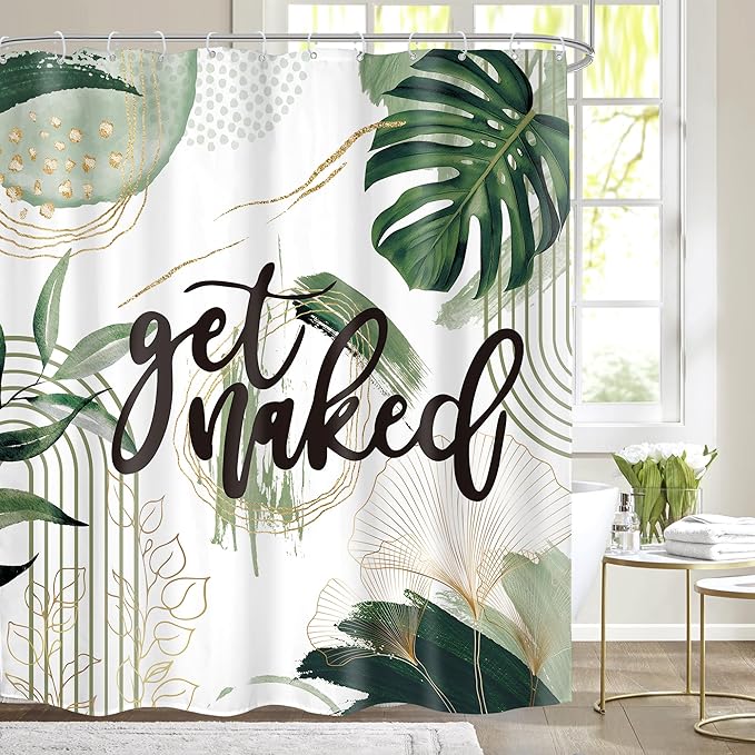 Green Boho Shower Curtain 60Wx72H Bohemian Sage Green Golden Leaves Get Naked Abstract Mid Century Modern Plant Botanical Bathroom Decor Minimalist Bath Curtain Fabric Polyester 12 Pack Hooks