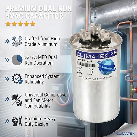 ClimaTek 55 + 7.5 MFD 370/440 Volt Dual Run Capacitor CAP99-5574R | 55/7.5 | - Image 5