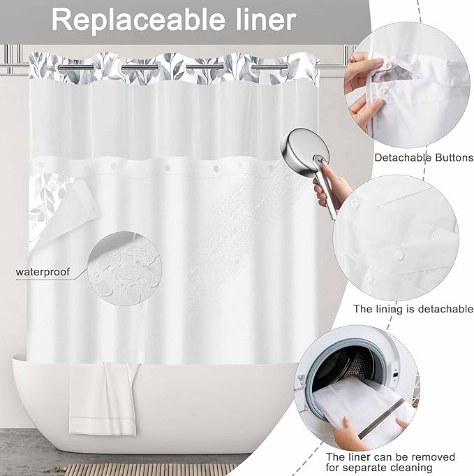 No Hook Shower Curtain and Liner Set, Blue Grey Eucalyptus Floral Shower Curtains for Bathroom, Bath Curtain Sets with Snap in Liner, Waterproof with See Through Top Window, 71x74 Inches