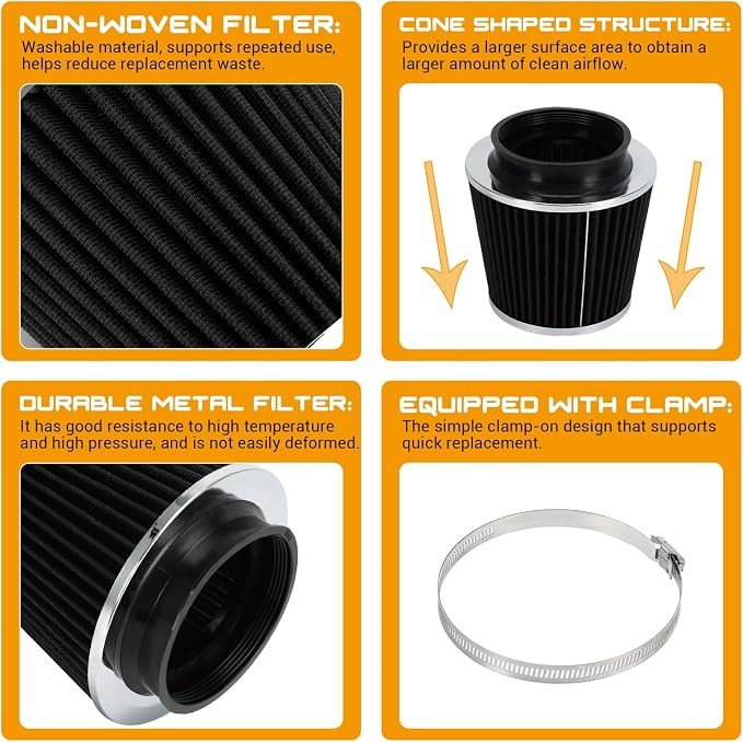 PTNHZ Universal Black 4" 102mm High Flow Cold Air Intake Cone Air Filter Power - Image 3