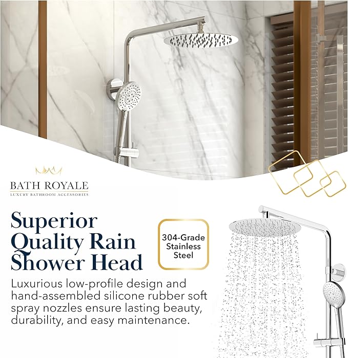 BATH ROYALE Rain Shower Head & Detachable Handheld Spray Combo, Easy Install & 3 Spray Modes, Chrome
