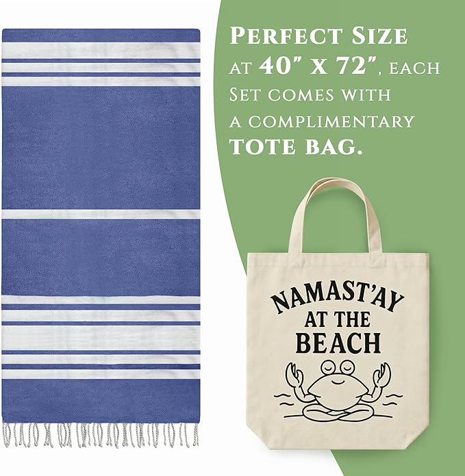 Turkish Cotton Beach Towel Pack of 4 & 1 Boho Tote Bag - Hammam Towels - No Shrink - Quick Dry - Lightweight - Sand Free - Camping - Pool - Beach Essentials - Blue,Gray,Purple, Coral (40"x70")