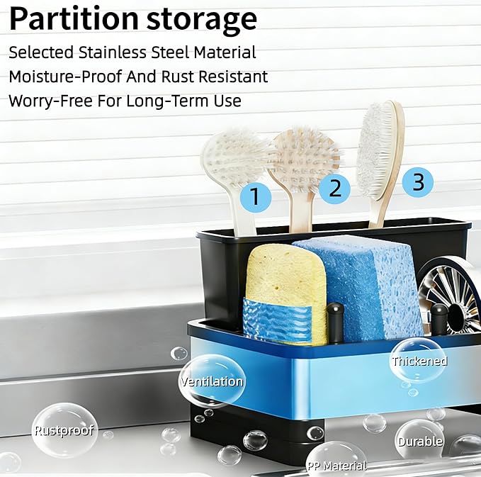 Stainless Steel Sink Caddy Organizer with Auto-Drain & Removable Brush Holders Rustproof Sponge Holder for Kitchen Sink, Countertop Storage for Soap Dispenser,Dishcloth & Kitchen Accessories