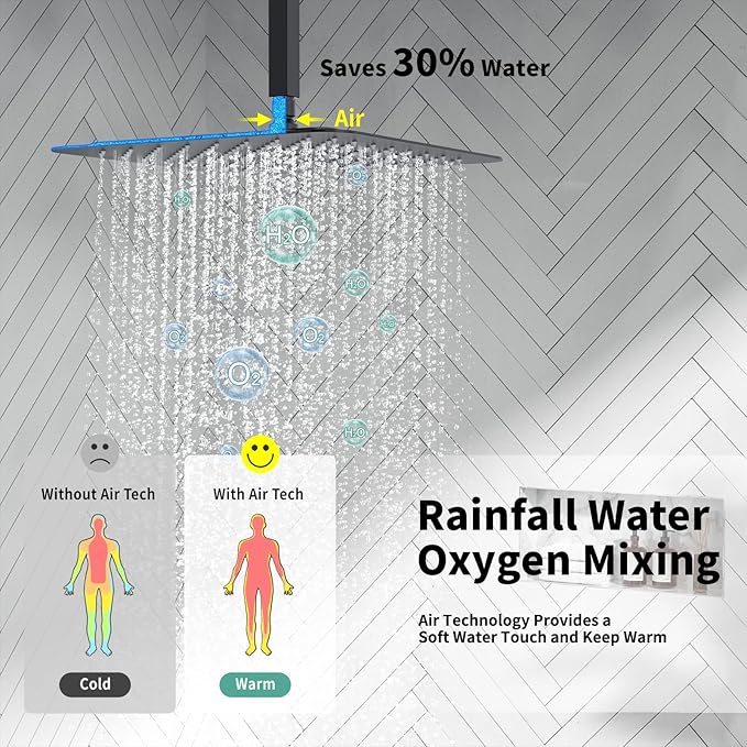 SR SUN RISE 12 Inch Ceiling Mount Matte Black Shower System Bathroom Luxury Rain Mixer Shower Faucet Set Ceiling Rainfall Shower Head System Faucet Trim Repair Kits Rough-in Valve and Trim Included