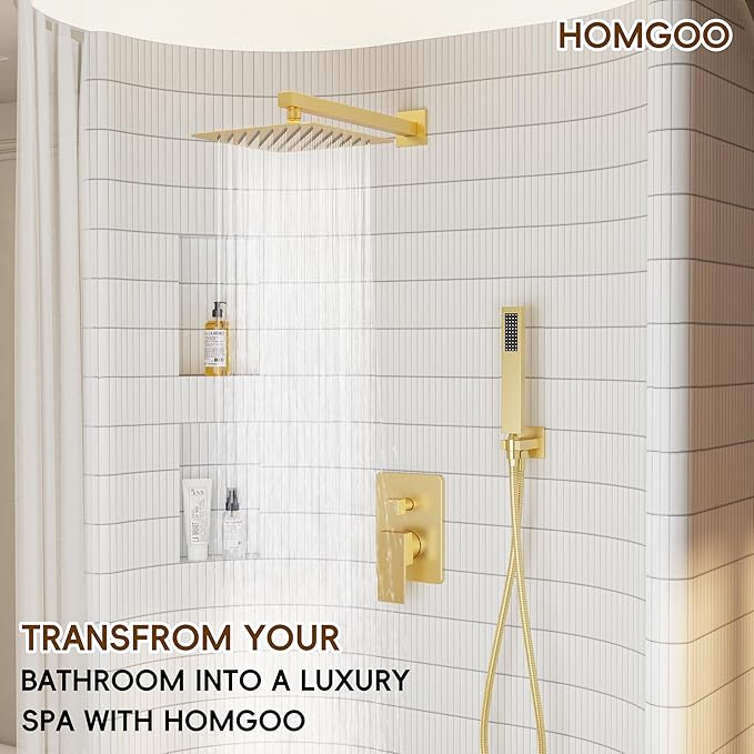 Gold Shower System, Shower Faucet Set with 10" Rain Showerhead and Handheld Combo Spray, Bathroom Wall Mounted High Pressure Shower Combo Set Included Valve and Trim, Brushed Gold