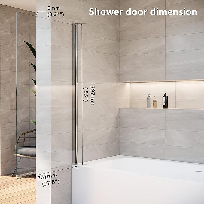 Shower Door Swing Bathtub Screen,30 *W x 55*H in Bathtub Shower,Bathroom Door with Bottom Seal,Liftable and Foldable Glass Door,Rectangular Bathtub Screen Chrome