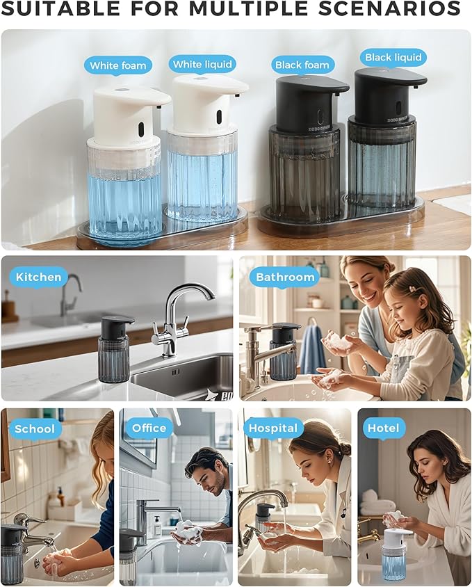 Automatic Foaming Soap Dispenser Touchless, 10oz/300ml Rechargeable, 3 Adjustable Foam Levels, IPX7 Waterproof for Kitchen Bathroom, Black