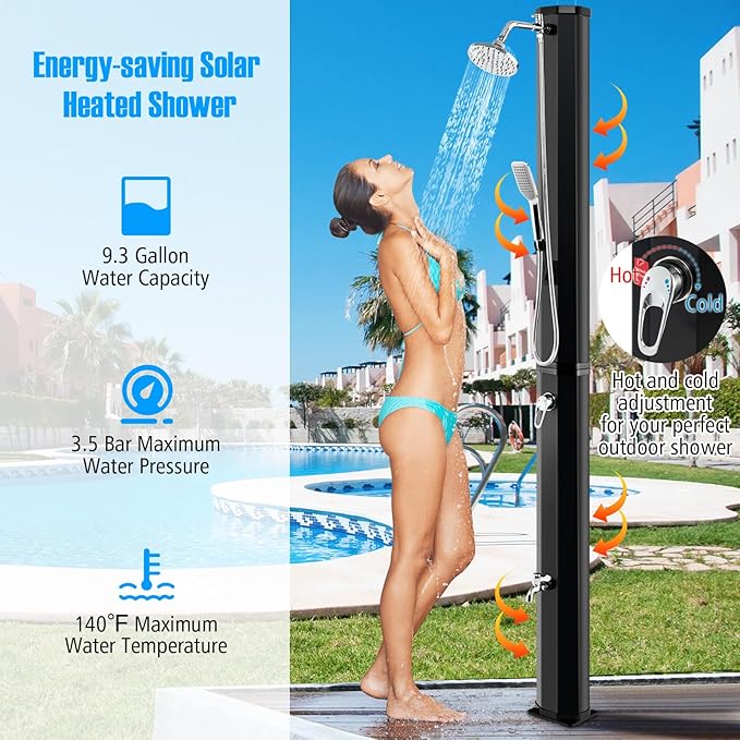 Goplus 9.3 Gallon Solar Heated Outdoor Shower, 7.2 FT Freestanding Garden Shower w/ 360° Swivel Shower Head, Foot Shower, Temperature Adjustment, for Poolside Backyard Beach (Black w/Handle Head)