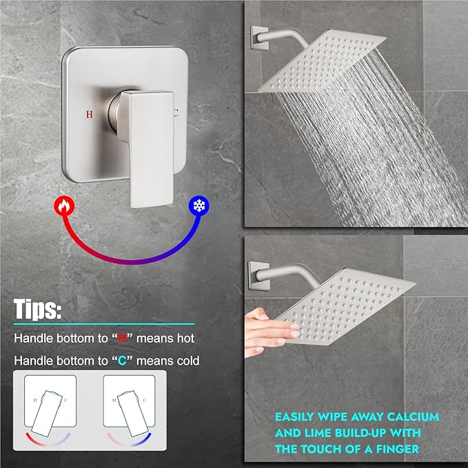 Heyalan 8 Inch Shower Head and Handle Set Square Shower Faucet Set Bathroom Rainfall Shower System Stainless Steel Showerhead Single Function Shower Trim Kit,Female Thread Valve,Brushed Nickel